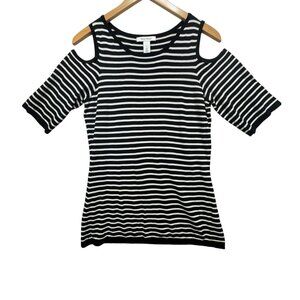 White House Black Market Cold Shoulder Top Womens Size L Black White Striped